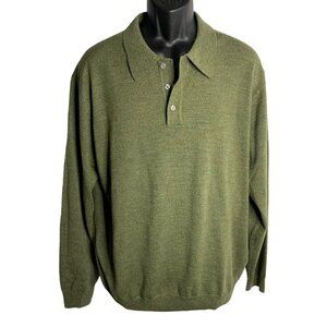 Jos A Bank Merino Wool Polo Sweater XL Green Knit Collar Buttons Long Sleeves